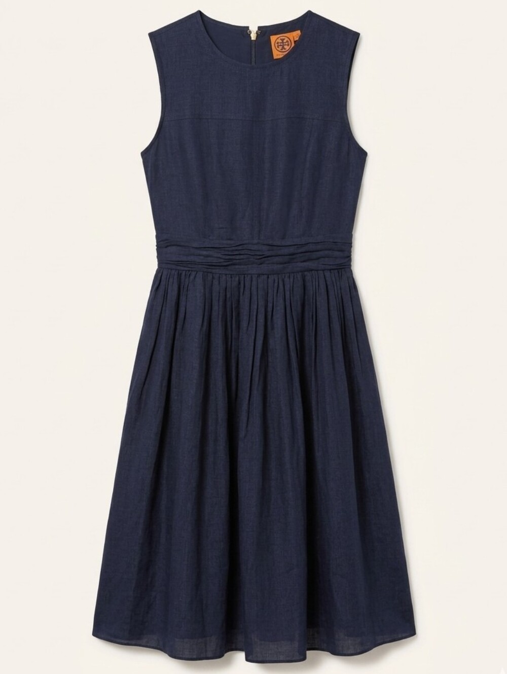 163 Tory Burch Navy Blue Pleated Linen Silk Blend Crinkle Fit & Flare Dress
